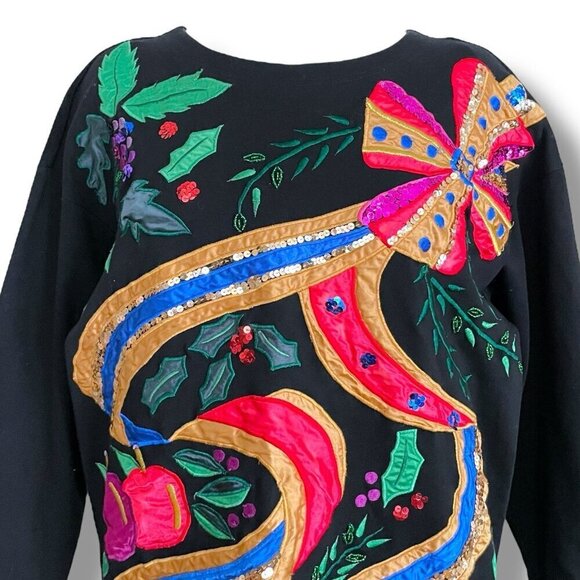 Vintage 1980s Accessory Lady Womens Top Sz Medium Black Beaded Sequins Loud - Picture 3 of 11